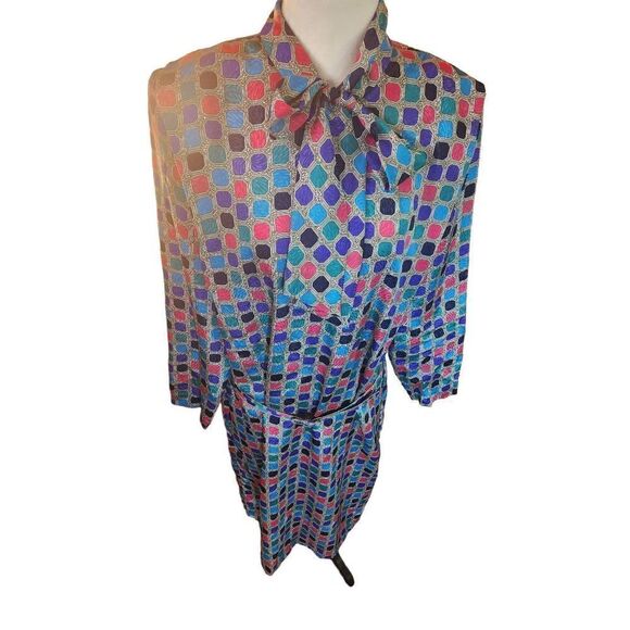 1980s Pussycat Bow Front Shift Dress Silky Satin Polyester Geometic Print Neon B - Picture 3 of 5